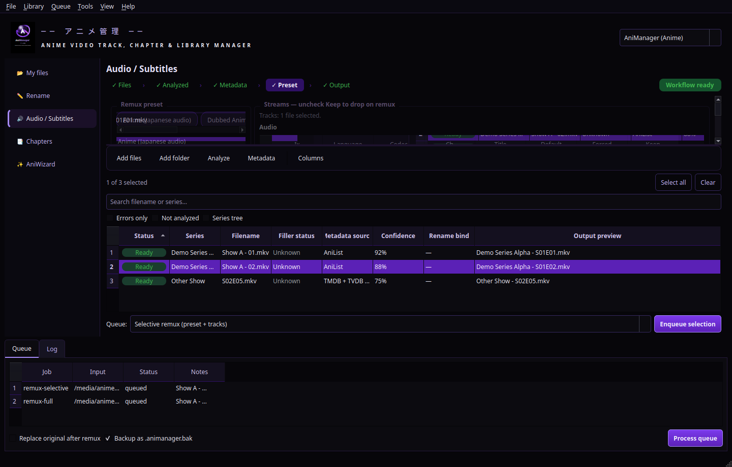 Audio and subtitles with preset chips