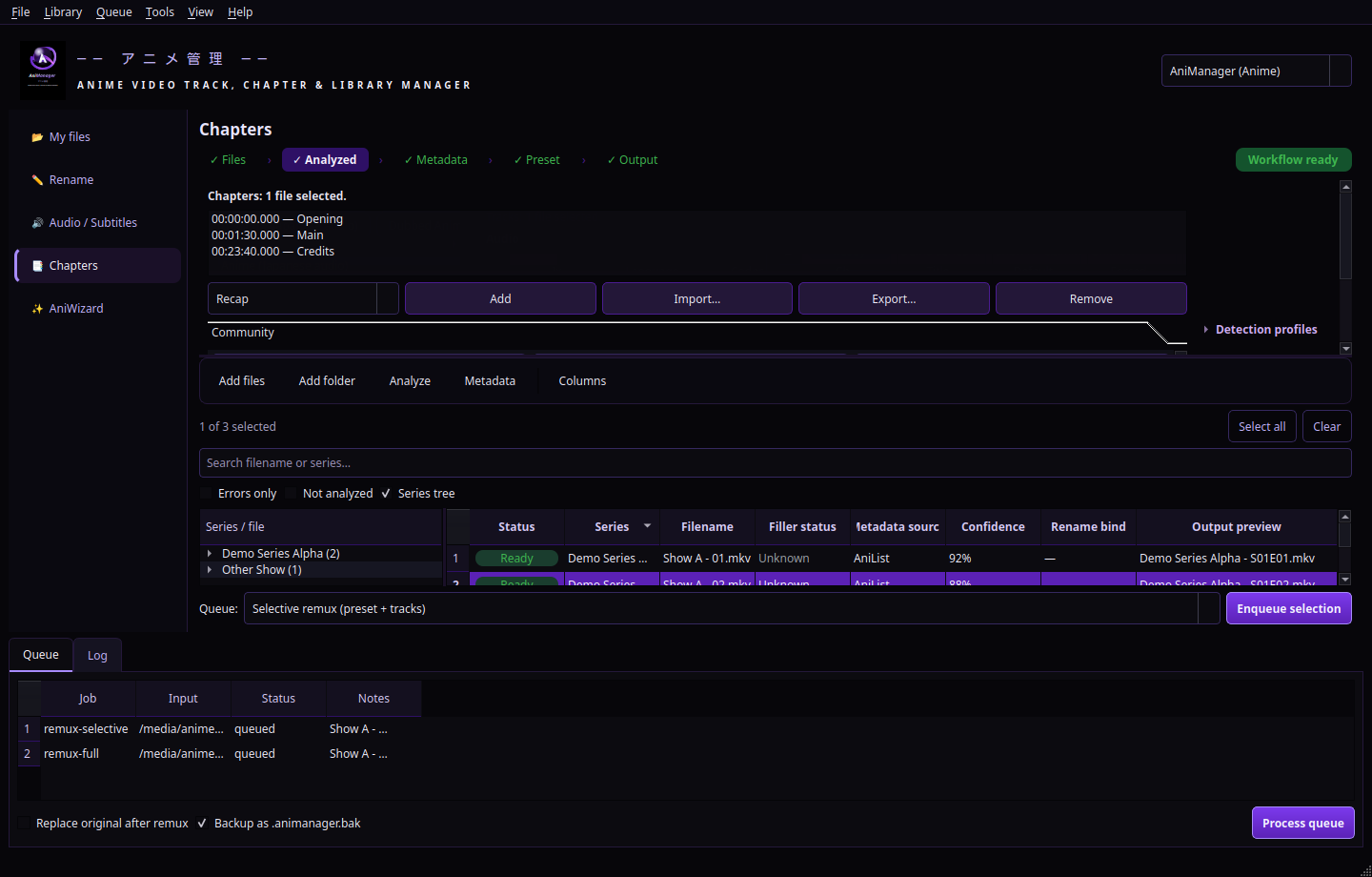 Queue and log tabs