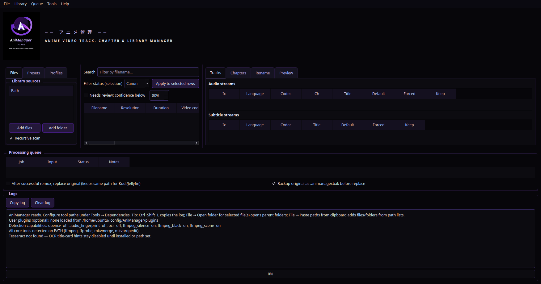 AniManager main window with library file table, track filters, filler status row, and queue panel