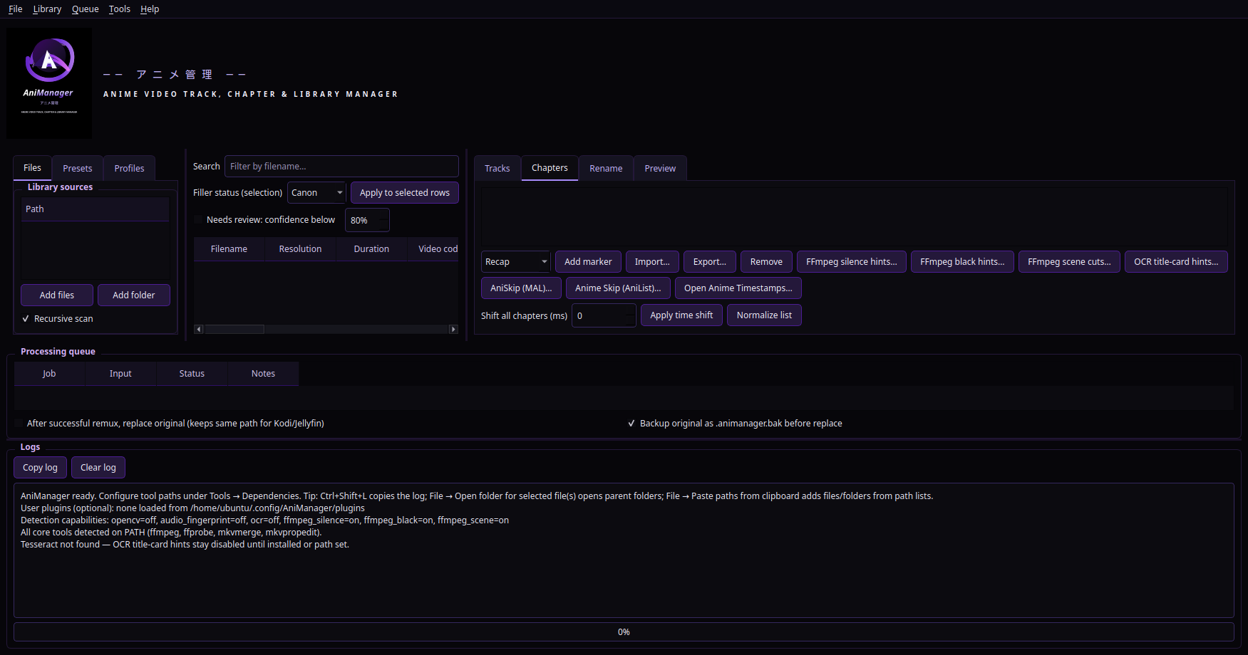 AniManager Chapters tab with marker list and import export controls