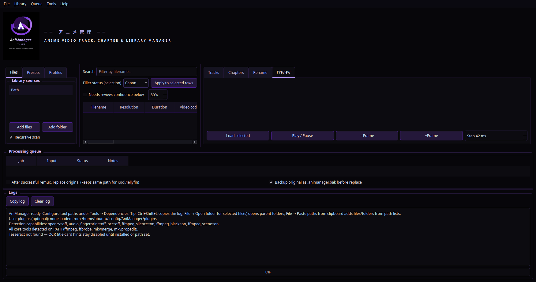 AniManager Preview tab with video surface and playback controls