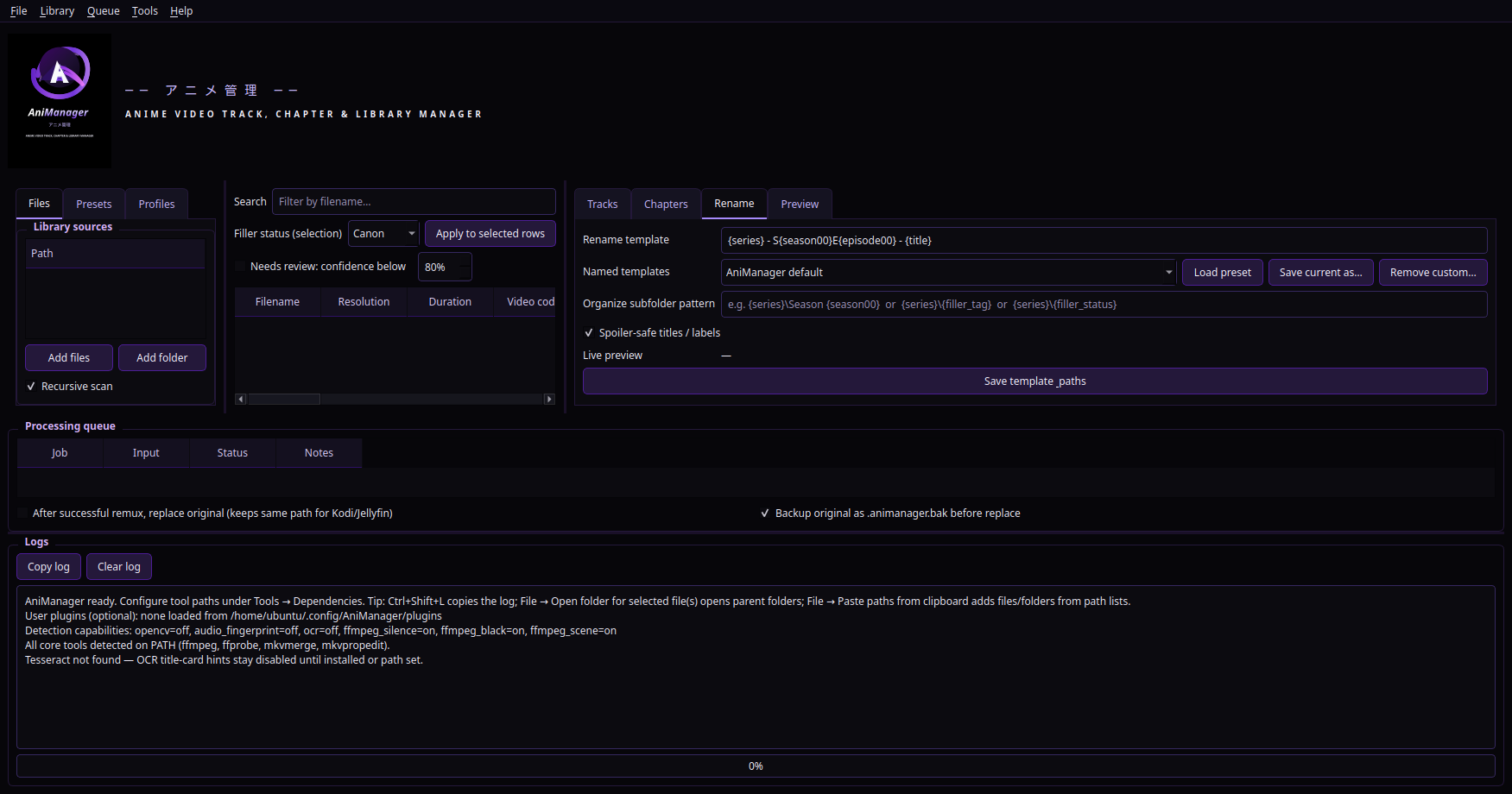 AniManager Rename tab with template field and spoiler-safe checkbox